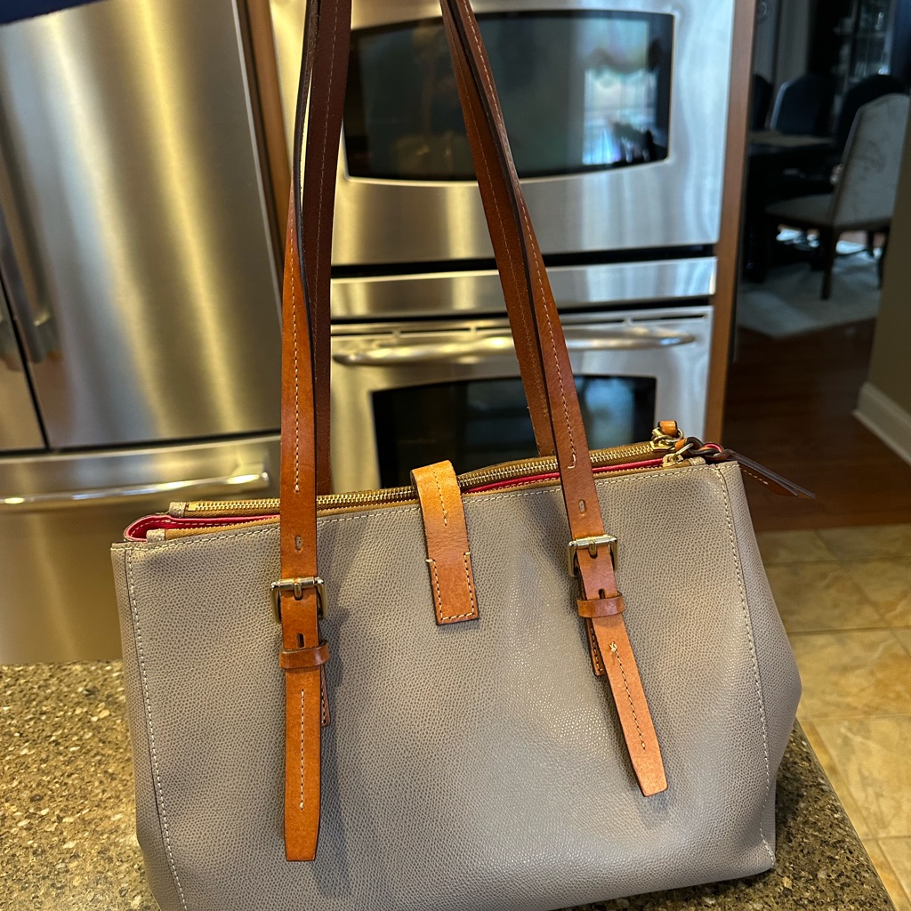 Dooney & Bourke Gray Leather Shoulder Bag With Tan Straps